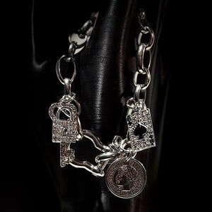 Silver Carabiner Charm Bracelet with Key and Lock Accents